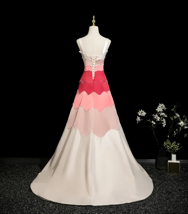 Fashion Multi-Colors Pearl Prom Dresses 2025 A-Line / Princess Spaghetti Straps Sleeveless Backless Sweep Train Formal Dresses