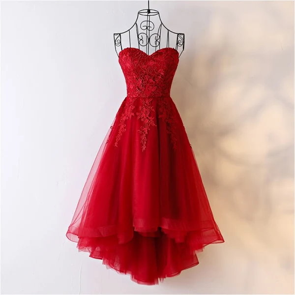 Chic / Belle Rouge Robe De Ceremonie 2017 En Dentelle Fleur Amoureux 1/2 Manches Dos Nu Asymétrique Princesse Robe De Soirée