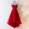 Chic / Beautiful Red Formal Dresses 2017 Lace Flower Sweetheart 1/2 Sleeves Backless Asymmetrical A-Line / Princess Evening Dresses