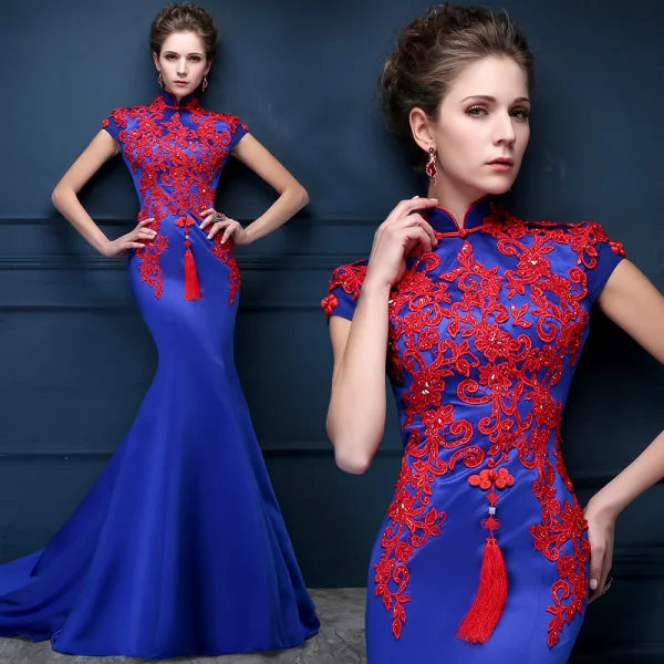 Vintage / Originale Style Chinois Bleu Roi Robe De Soirée 2018 Trompette / Sirène En Dentelle Appliques Perlage Cristal Col Haut Dos Nu Mancherons Train De Balayage Robe De Ceremonie