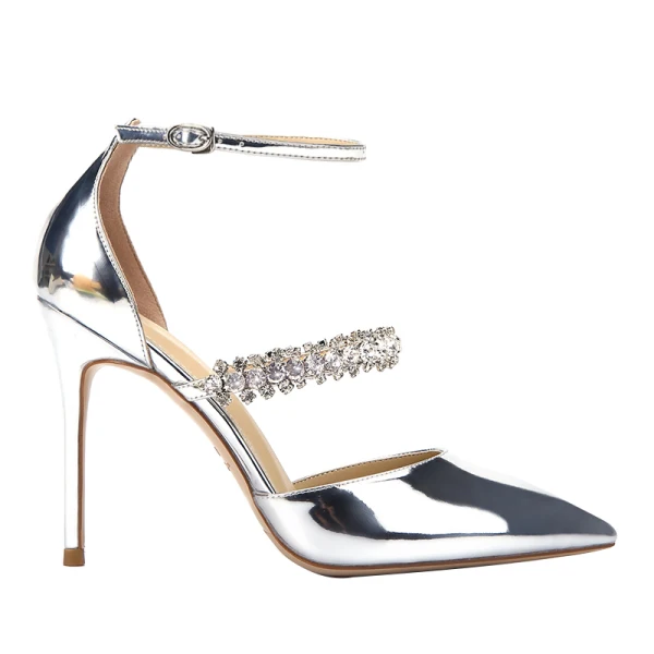 Charming Silver Evening Party Leather Womens Shoes 2020 Patent Leather Rhinestone Ankle Strap 10 cm Stiletto Heels Pointed Toe Heels