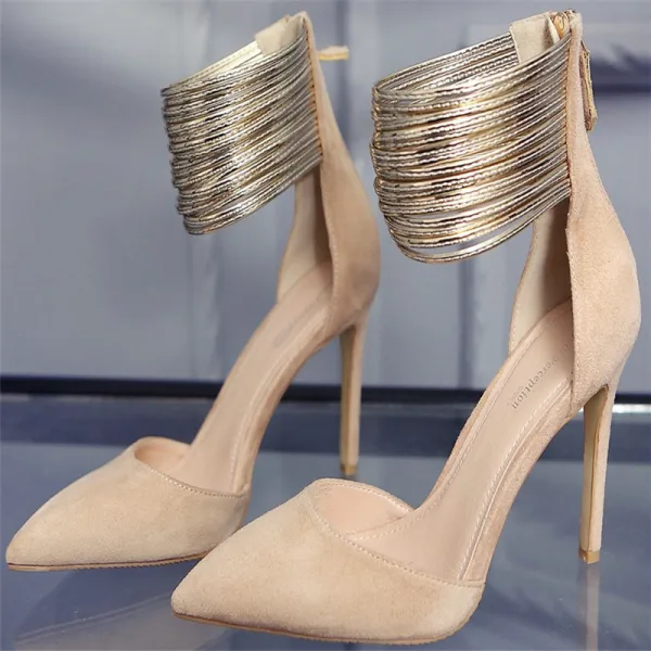 Mode Abend Leder Schwarz Damenschuhe 2020 Wildleder Gold Knöchelriemen 10 cm Stilettos Spitzschuh Pumps