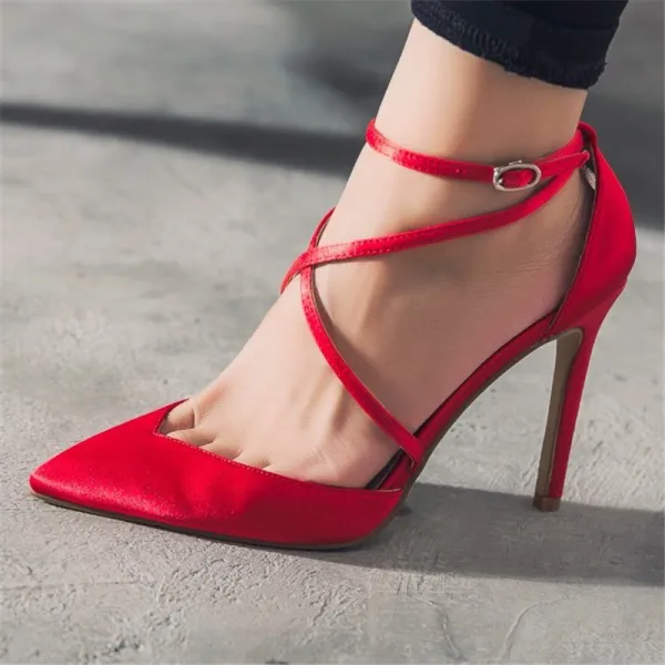 Modest / Simple Black Casual Leather Womens Shoes 2020 Satin Ankle Strap X-Strap 10 cm Stiletto Heels Pointed Toe Heels