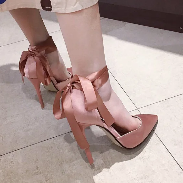 Schlicht Nude Strassenmode Damenschuhe 2020 Knöchelriemen Schleife 11 cm Stilettos Spitzschuh High Heels