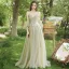 Chic / Beautiful Sage Green Pearl Lace Flower Bridesmaid Dresses 2021 A-Line / Princess Off-The-Shoulder Short Sleeve Backless Floor-Length / Long Bridesmaid Wedding Party Dresses