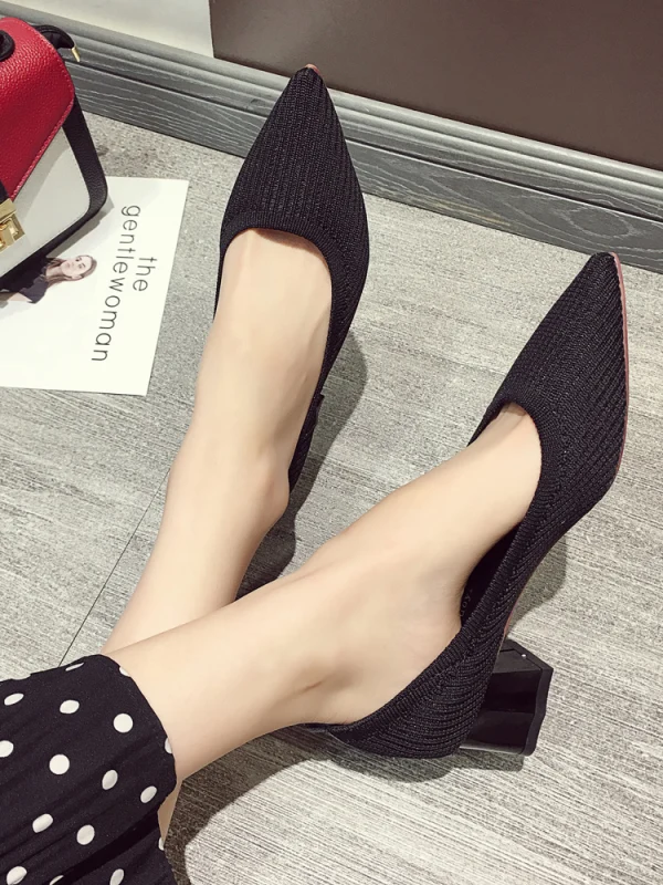 Simple Noire Désinvolte Tresser Escarpins 2020 4 cm Talons Épais À Bout Pointu Talon Bas Escarpins