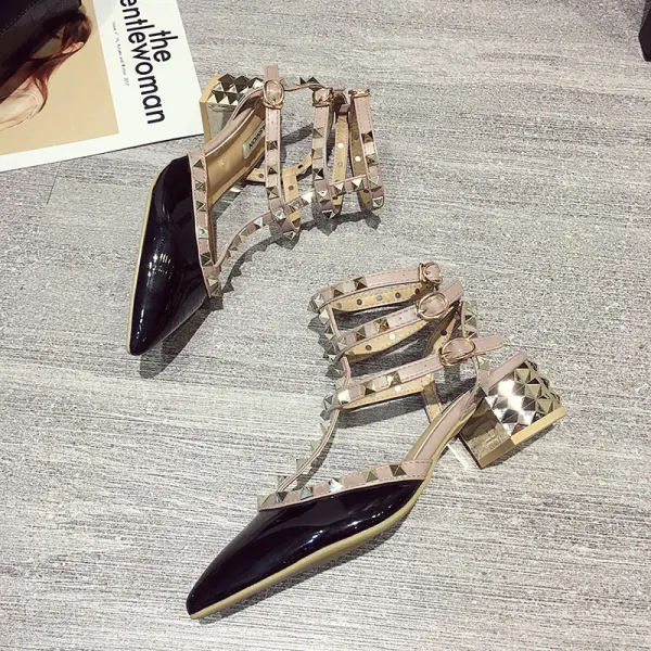 Fashion Beige Street Wear Rivet Womens Sandals 2020 Ankle Strap 4 cm Thick Heels Pointed Toe Low Heel Sandals