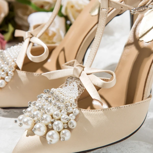 Charming Nude Evening Party Womens Shoes 2020 Satin T-Strap Pearl Rhinestone Bow 10 cm Stiletto Heels Pointed Toe Heels