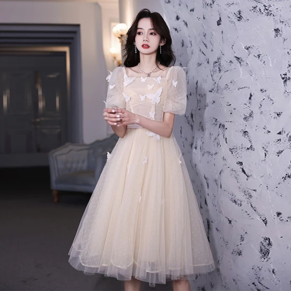 Chic / Beautiful Champagne Lace Butterfly Homecoming Graduation Dresses 2021 A-Line / Princess Square Neckline Short Sleeve Tea-length Formal Dresses