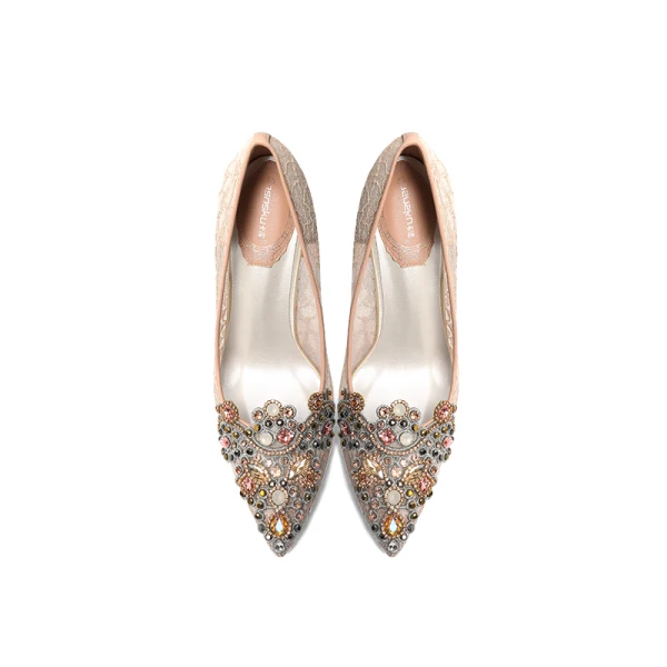 Charming Champagne Lace Rhinestone Wedding Shoes 2020 10 cm Stiletto Heels Pointed Toe Wedding Pumps