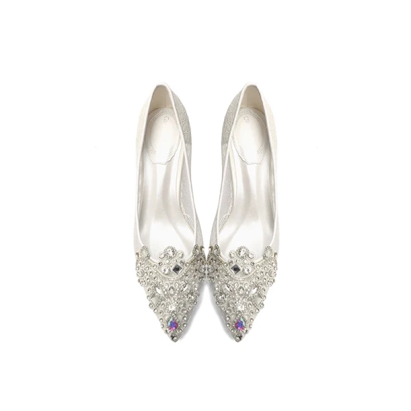 Stilig Elfenben Spets Rhinestone Brudskor 2020 8 cm Stilettklackar Spetsiga Bröllop Pumps