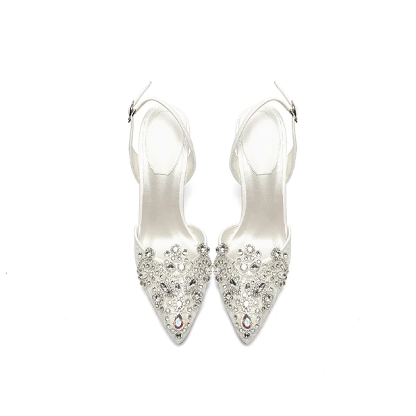 Charmant Ivory / Creme Spitze Strass Brautschuhe 2020 Knöchelriemen 10 cm Stilettos Spitzschuh Hochzeit High Heels