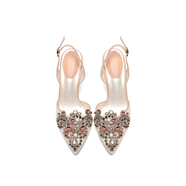 Sexy Champagne Lace Rhinestone Wedding Shoes 2020 Ankle Strap 10 cm Stiletto Heels Pointed Toe Wedding Heels
