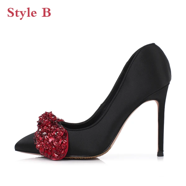 Charming Red Evening Party Satin Pumps 2020 Leather Rhinestone Bow 10 cm Stiletto Heels Pointed Toe Pumps