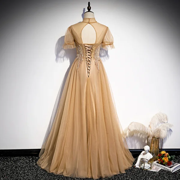 Élégant Champagne Robe De Bal 2021 Princesse Col Haut Perlage En Dentelle Paillettes Manches Courtes Dos Nu Longue Promo Robe De Ceremonie