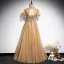Élégant Champagne Robe De Bal 2021 Princesse Col Haut Perlage En Dentelle Paillettes Manches Courtes Dos Nu Longue Promo Robe De Ceremonie