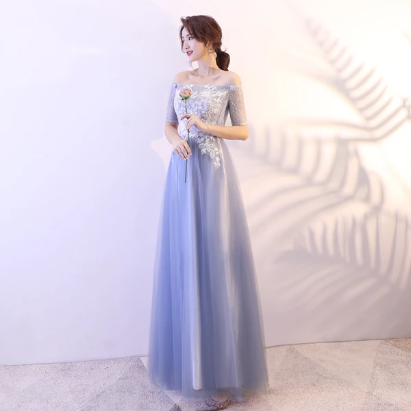 Abordable Bleu Ciel Robe De Bal 2018 Princesse En Dentelle Paillettes De l'épaule Dos Nu Manches Courtes Longue Robe De Ceremonie