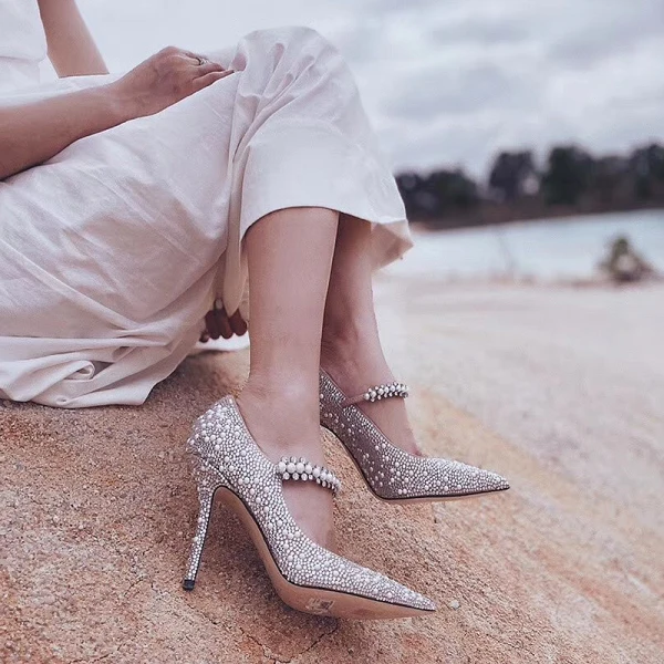 Sparkly Sølv Paljetter Brudesko 2020 Lær Perle 9 cm Stiletthæler Spisse Bryllup Pumps