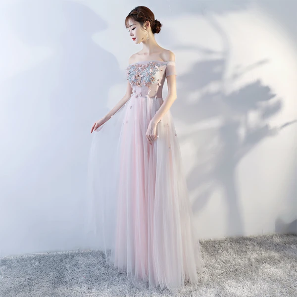 Chic / Belle Perle Rose Robe De Bal 2018 Princesse En Dentelle Appliques Cristal De l'épaule Dos Nu Sans Manches Longue Robe De Ceremonie