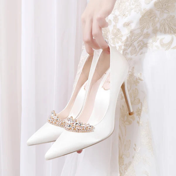 Classy Ivory Satin Rhinestone Wedding Shoes 2020 10 cm Stiletto Heels Pointed Toe Wedding Pumps