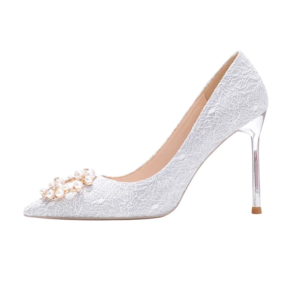 Charming Silver Lace Wedding Shoes 2020 Pearl Rhinestone 10 cm Stiletto Heels Pointed Toe Wedding Pumps