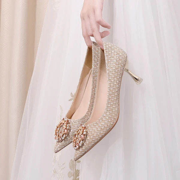 Bling Bling Gold Crystal Wedding Shoes 2020 Rhinestone 8 cm Stiletto Heels Pointed Toe Wedding Pumps