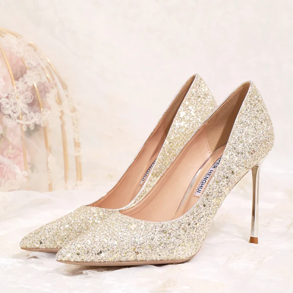 Glitzernden Schön Rosa Pailletten Brautschuhe 2020 10 cm Stilettos Spitzschuh Hochzeit Pumps