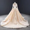 Luxury / Gorgeous Champagne Lace Butterfly Wedding Dresses 2020 A-Line / Princess Off-The-Shoulder Long Sleeve Backless Chapel Train