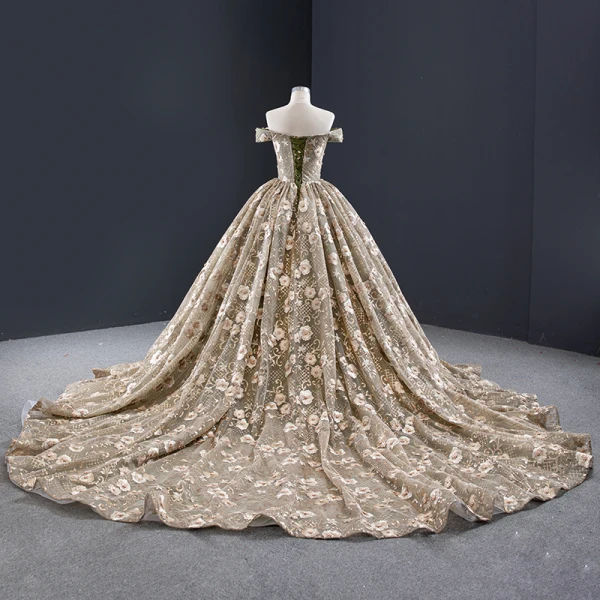 High-end Khaki Prom Dresses 2023 Ball Gown Off-The-Shoulder Handmade Beading Pearl Sequins Lace Flower Sleeveless Backless Royal Train