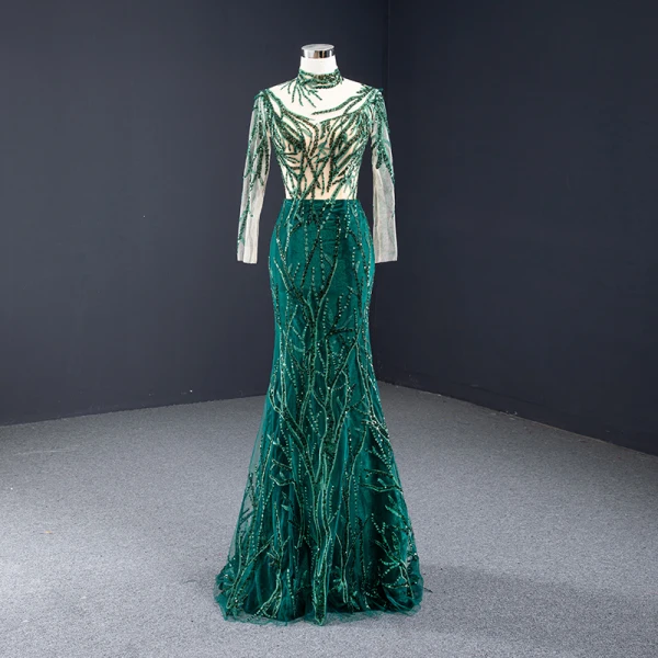 Haut de Gamme Vert Foncé Daim Robe De Soirée 2023 Trompette / Sirène Col Haut Fait main Perlage Paillettes En Dentelle Manches Longues Dos Nu Watteau Train Robe De Ceremonie