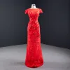 High-end Red Pearl Appliques Wedding Dresses 2020 A-Line / Princess Square Neckline Short Sleeve Backless Watteau Train