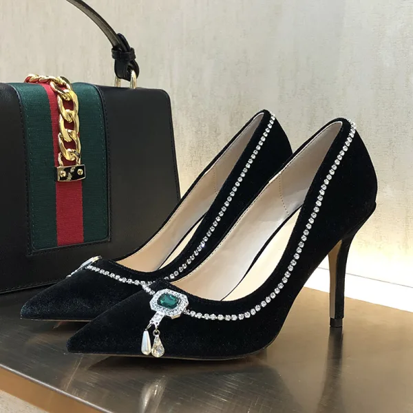 Stilig Svarta Afton Rhinestone Pumps 2020 Mocka 9 cm Stilettklackar Spetsiga Pumps