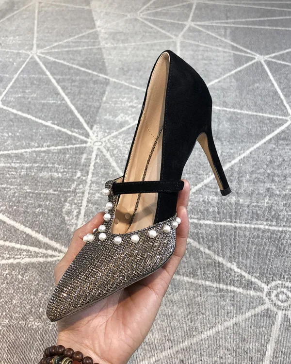 Mode Noire Soirée Escarpins 2020 Perle Paillettes 9 cm Talons Aiguilles À Bout Pointu Escarpins