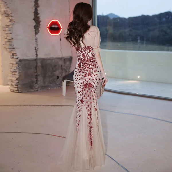 Charming Champagne Sequins Evening Dresses  2021 Trumpet / Mermaid High Neck Short Sleeve Floor-Length / Long Evening Party Formal Dresses