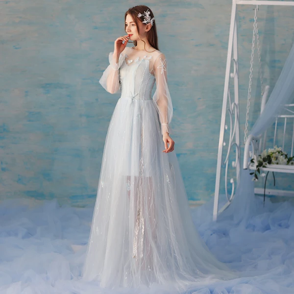 Elegant Sky Blue Summer Evening Dresses  2018 A-Line / Princess Lace Flower Beading Scoop Neck Backless Long Sleeve Sweep Train Formal Dresses