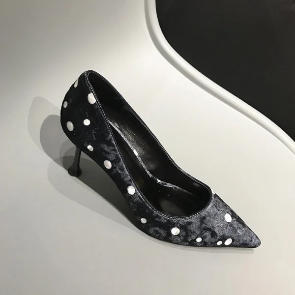 Fashion Black Street Wear Spotted Pumps 2020 Leather Suede 7 cm Stiletto Heels Pointed Toe Pumps
