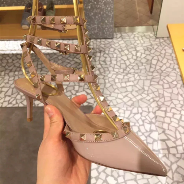 Sexy Black Street Wear Leather Womens Sandals 2020 Rivet 6 cm Stiletto Heels Pointed Toe Sandals
