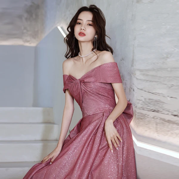 Fashion Gradient-Color Candy Pink Sequins Prom Dresses 2021 A-Line / Princess Off-The-Shoulder Short Sleeve Backless Bow Floor-Length / Long Evening Party Formal Dresses