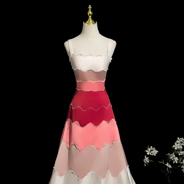 Fashion Multi-Colors Pearl Prom Dresses 2025 A-Line / Princess Spaghetti Straps Sleeveless Backless Sweep Train Formal Dresses