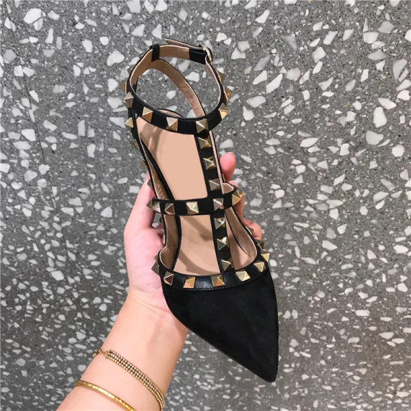 Schöne Schwarz Abend Niet Sandalen Damen 2020 8 cm Stilettos Spitzschuh Sandaletten