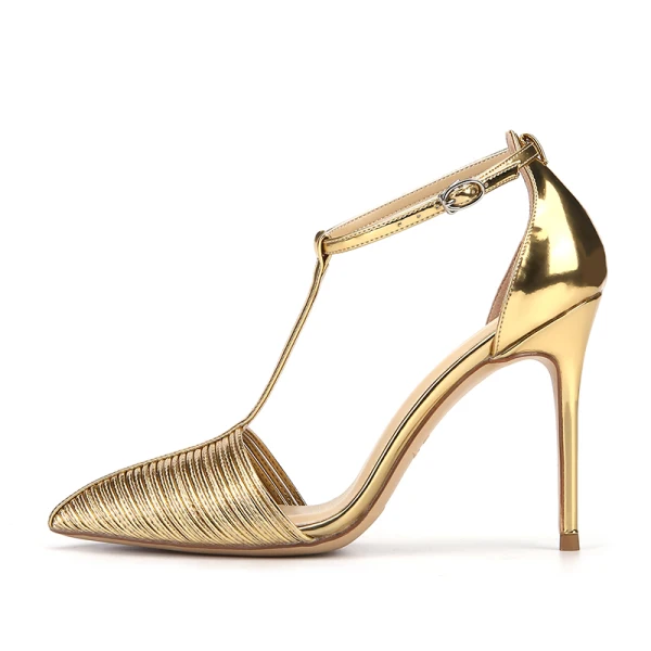 Chic / Beautiful Silver Evening Party Leather Womens Shoes 2020 Patent Leather T-Strap 10 cm Stiletto Heels Pointed Toe Heels