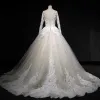 Elegant Champagne Wedding Dresses 2018 Ball Gown Lace Appliques Sequins Scoop Neck Backless Long Sleeve Court Train Wedding