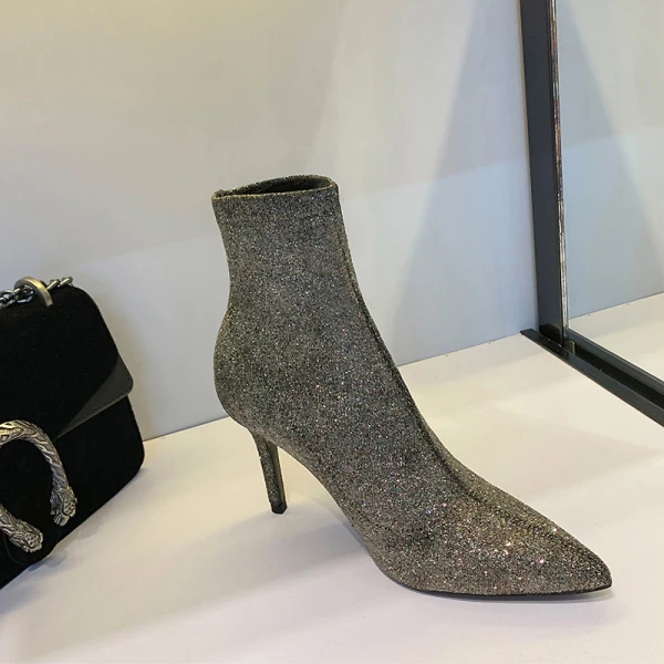 Charming Black Casual Glitter Womens Boots 2020 9 cm Stiletto Heels Pointed Toe Boots