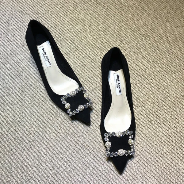 Chic / Beautiful Black Casual Suede Pumps 2020 Rhinestone 5 cm Stiletto Heels Pointed Toe Pumps