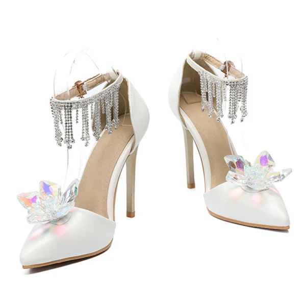 Charming Ivory Evening Party Crystal Womens Shoes 2020 Rhinestone Tassel Ankle Strap 11 cm Stiletto Heels Pointed Toe Heels