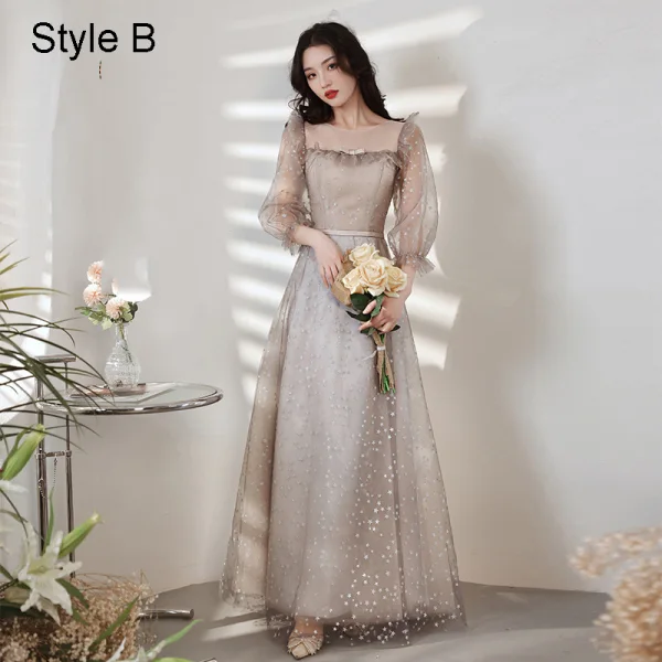 Elegant Grey Lace Star Bridesmaid Dresses 2021 A-Line / Princess Square Neckline Bow Short Sleeve Backless Floor-Length / Long Bridesmaid Wedding Party Dresses