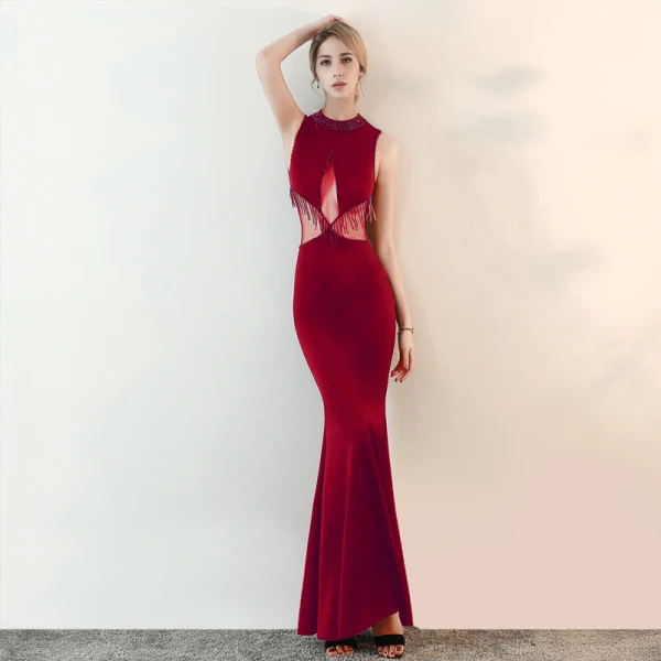 Sexy Noire Robe De Soirée 2018 Trompette / Sirène Transparentes Perlage Encolure Dégagée Sans Manches Longue Robe De Ceremonie