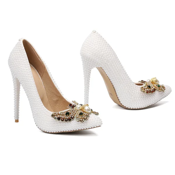 Fabulous Ivory Pearl Wedding Shoes 2020 Rhinestone Butterfly 11 cm Stiletto Heels Pointed Toe Wedding Pumps