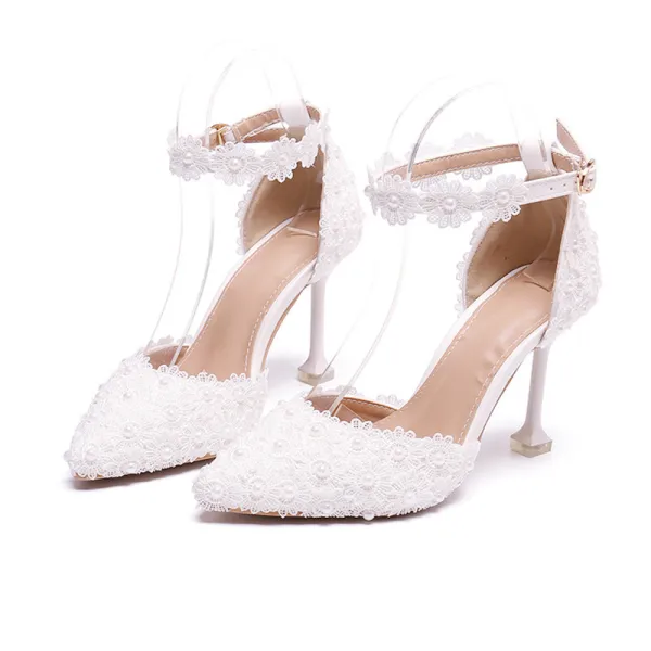 Élégant Ivoire Promo Chaussures Femmes 2020 Perle En Dentelle Fleur Bride Cheville 8 cm Talons Aiguilles À Bout Pointu Talons