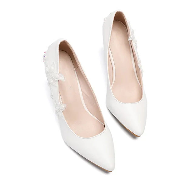 Élégant Ivoire Promo En Dentelle Chaussures Femmes 2020 Perle Faux Diamant À Bout Pointu 8 cm Compensées